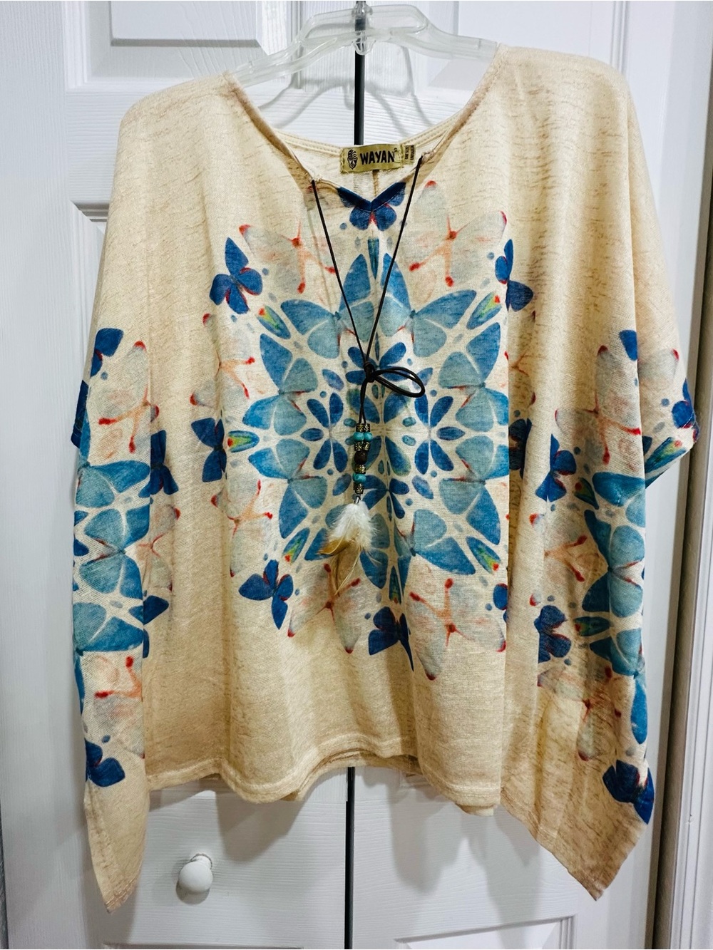 Wayan Cream Boho Floral Medallion Top with Blue Accents